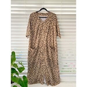 Dreams & Co. Women's Long French Terry Zip-Front Robe 18/20 Leopard Print